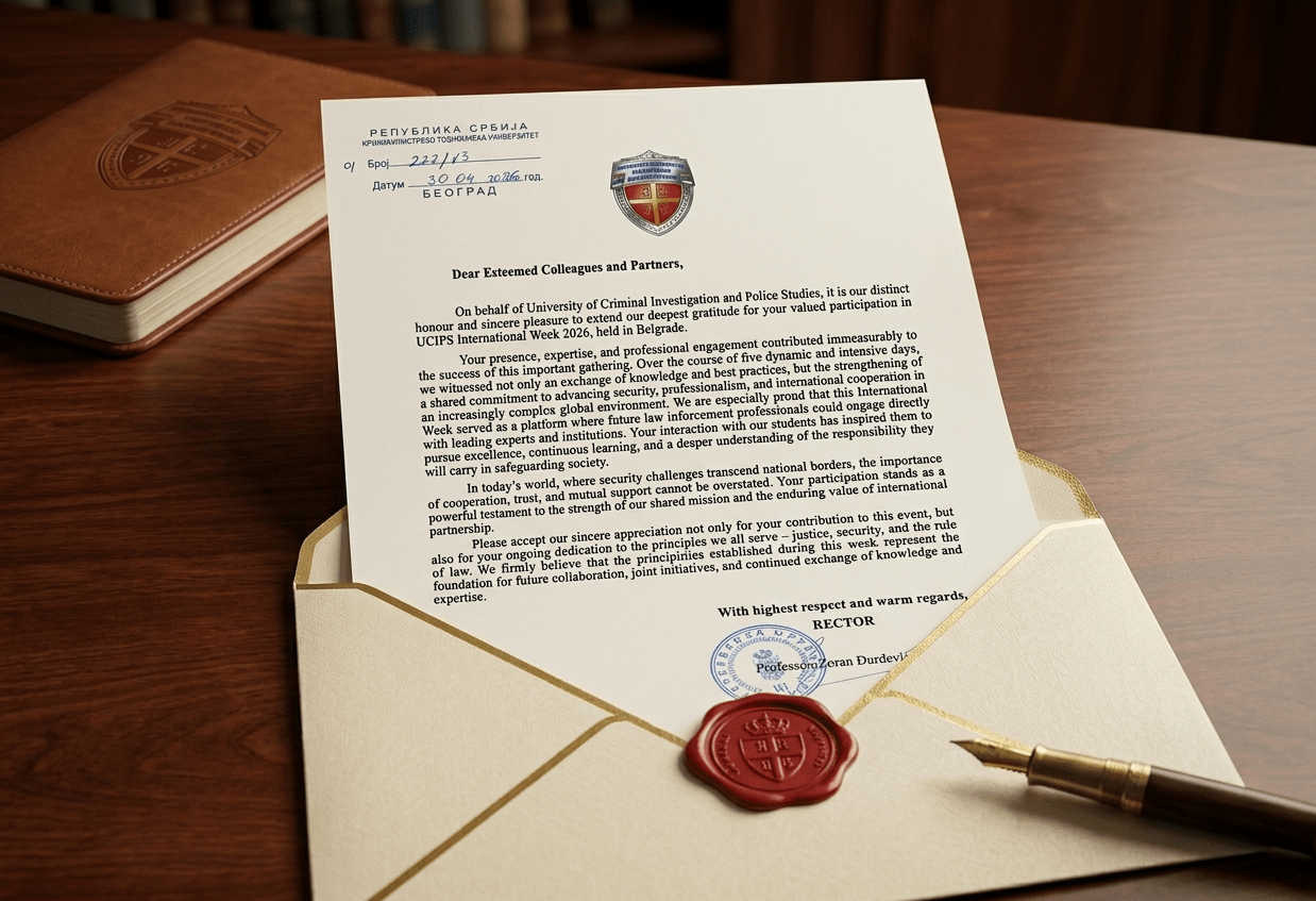 Писмо захвалности Криминалистичко-полицијског универзитета у Београду Факултету безбједносних наука Универзитета у Бањој Луци